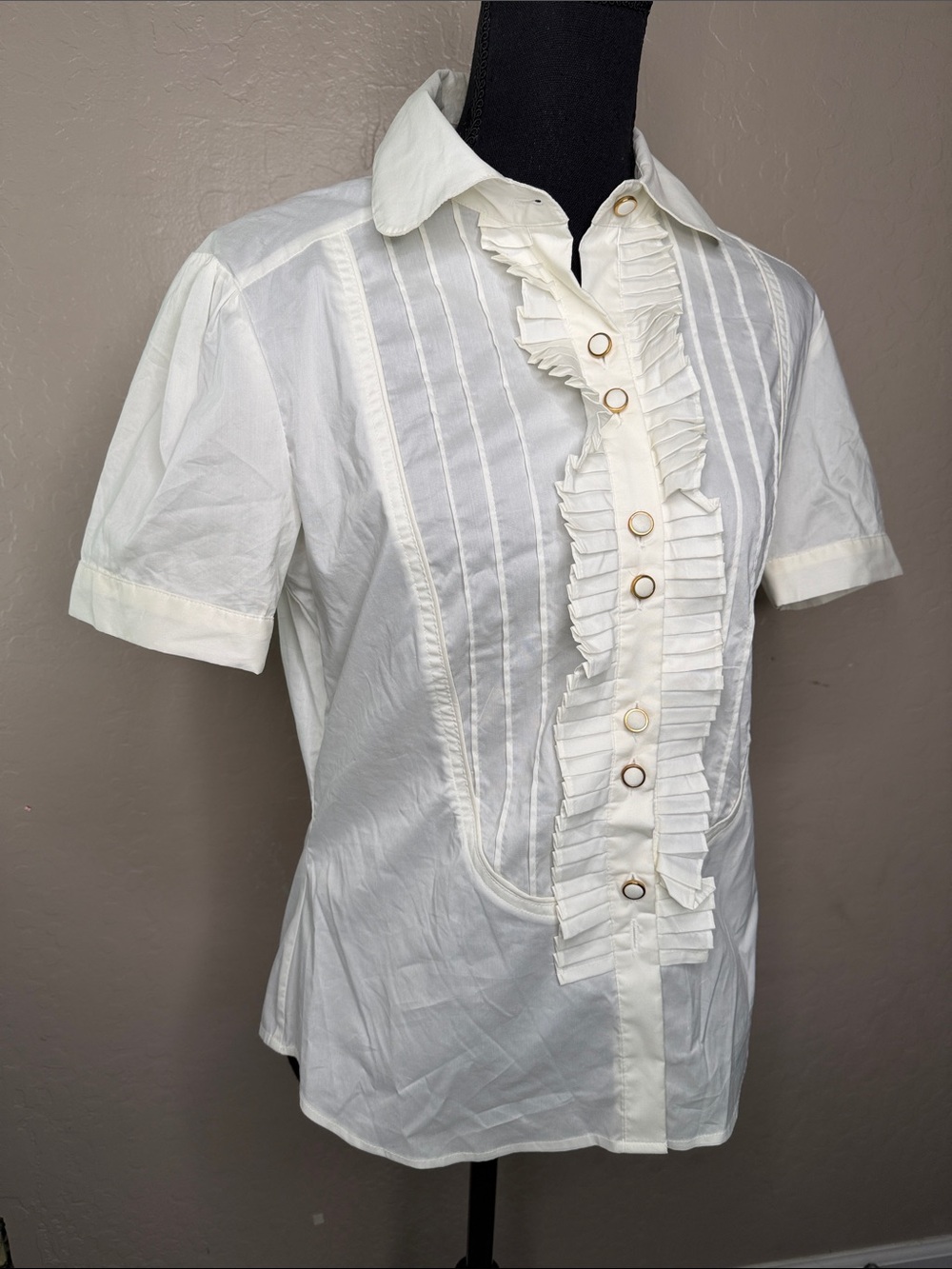 Arden B White Ruffle-Front Short Sleeve Button-Down Shirt